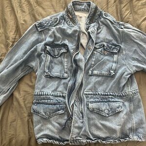 Lucky Brand Denim Jacket waist cinch zipper neck. Vintage look.